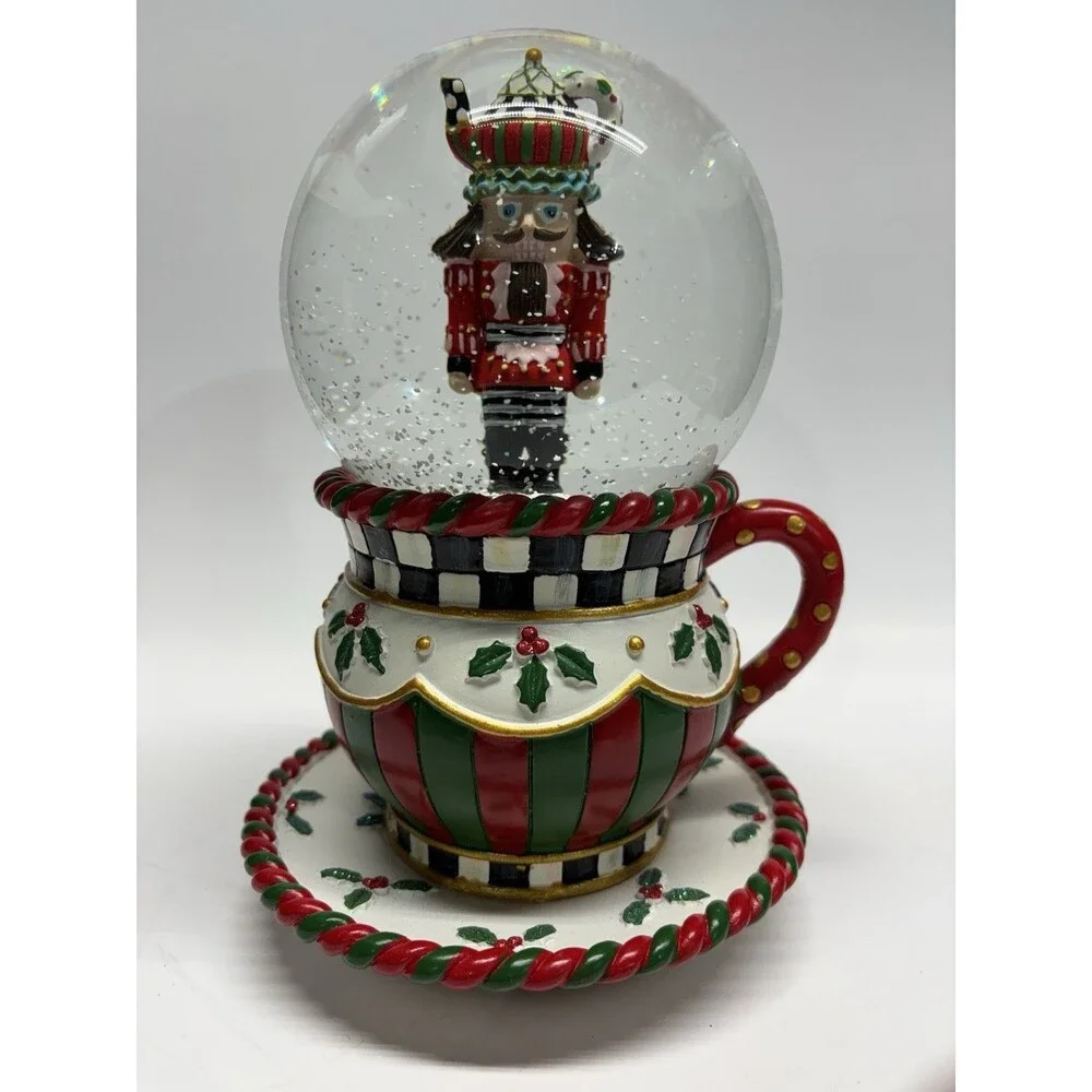 MacKenzie Childs Christmas Snow Globe Musical Tea Cup Nutcracker 8 1/2" Tall - Picture 1 of 8